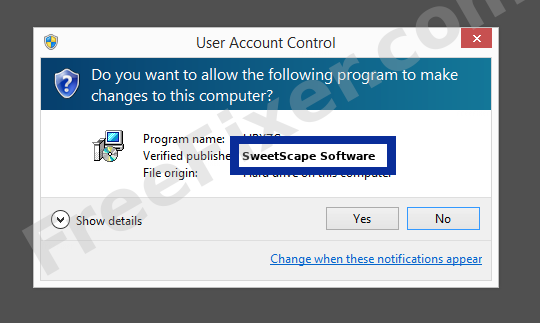 Screenshot where SweetScape Software appears as the verified publisher in the UAC dialog